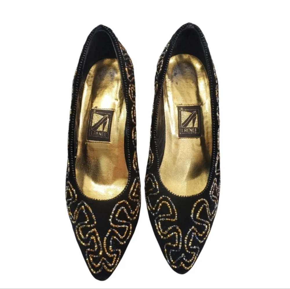Vintage J.Renee Heels Womens Size 5.5 M Black Velvet Rhinestones Embellished